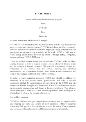 STR 581 Week 3 External and Internal Environmental Analysis VIZIO Inc