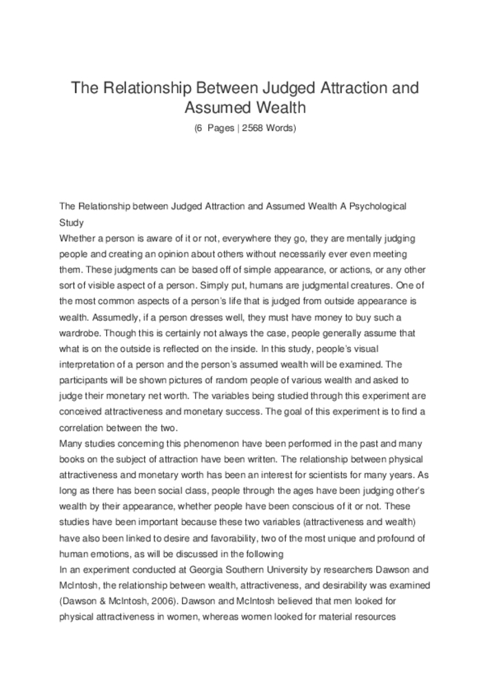 The Relationship Between Judged Attraction and Assumed Wealth