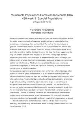 Vulnerable Populations Homeless Individuals HCA 430 week 2  Special...