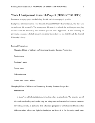 Week 1 Assignment Research Project (PRODUCT SAFETY)