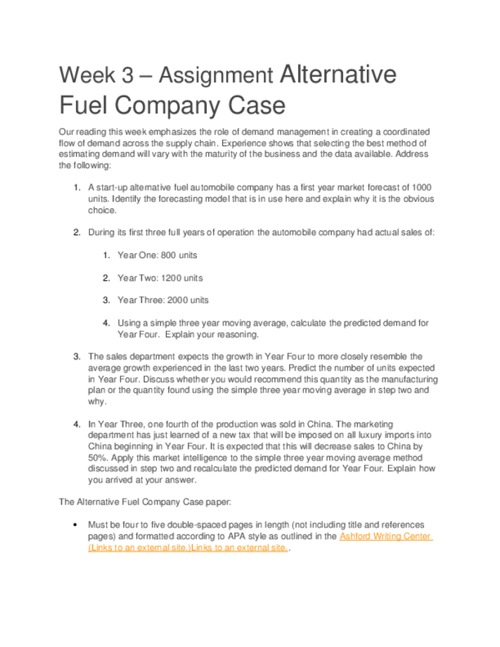 Week 3  Assignment Alternative Fuel Company Case