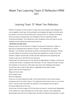 Week Two Learning Team D Reflection HRM 531