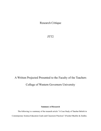 WGU Research Critique JTT2 task A Case Study of Teacher Beliefs in...