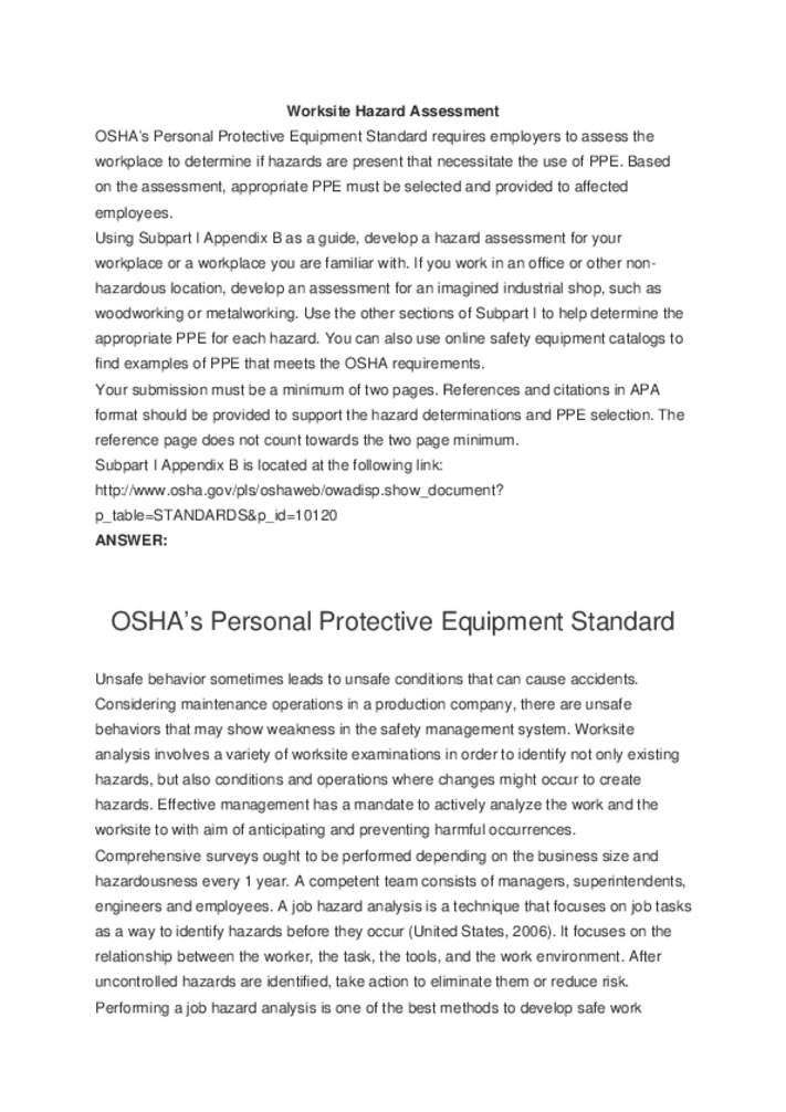 Worksite Hazard Assessment OSHAs Personal Protective Equipment Standard...