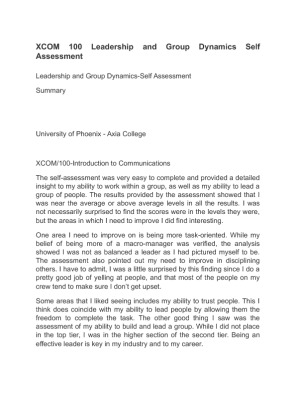 XCOM 100 Leadership and Group Dynamics Self Assessment
