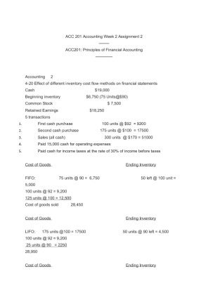 ACC 201 Accounting Week 2 Assignment 2