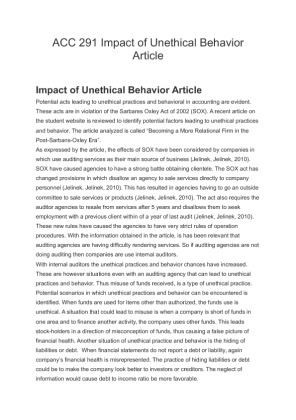 ACC 291 Impact of Unethical Behavior Article