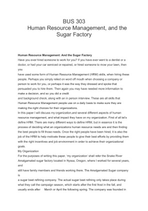 BUS 303  Human Resource Management, and the Sugar Factory