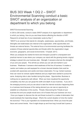 BUS 303 Week 1 DQ 2  SWOT Environmental Scanning conduct a basic SWOT...