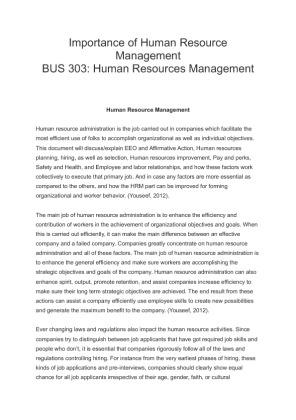 BUS 303 Week 5 Final Paper  Human Resource Management