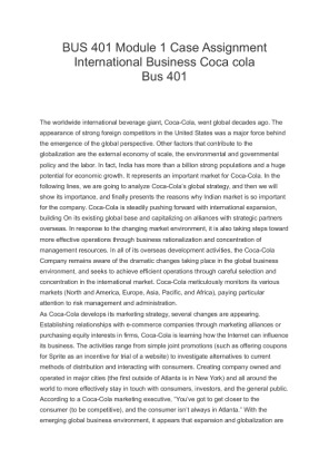 BUS 401 Module 1 Case Assignment International Business Coca cola