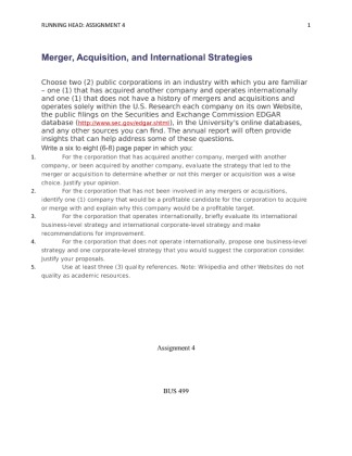 BUS 499 Assignment 4 Merger, Acquisition, and International Strategies