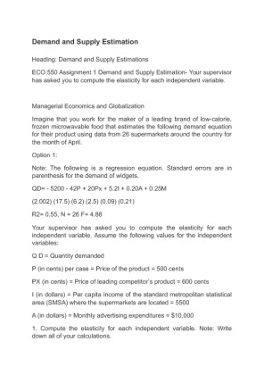 ECO 550 Assignment 1 Demand and Supply Estimation  Your supervisor has...