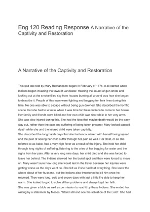 Eng 120 Reading Response A Narrative of the Captivity and Restoration