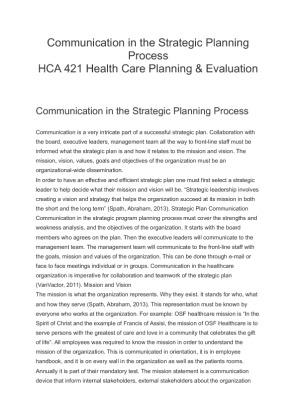 HCA 421 Communication in the Strategic Planning Process