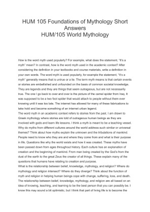 HUM 105 Foundations of Mythology Short Answers