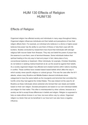 HUM 130 Effects of Religion