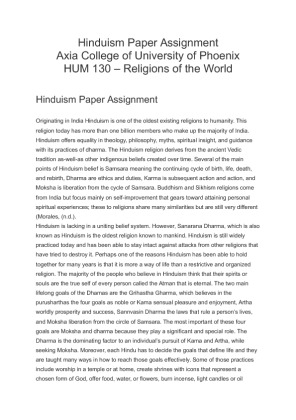 HUM 130 Hinduism Paper Assignment