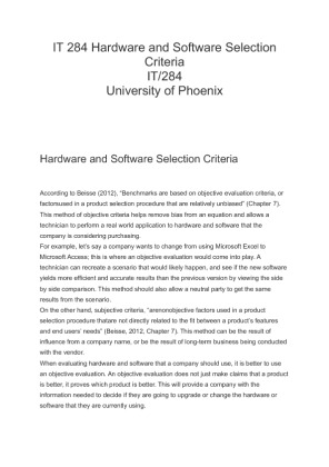 IT 284 Hardware and Software Selection Criteria