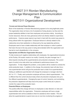 MGT 311 Riordan Manufacturing Change Management & Communication Plan