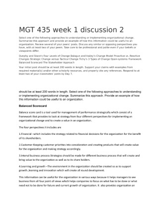 MGT 435 week 1 discussion 2 Select one of the following approaches to...