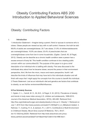 Obesity Contributing Factors ABS 200 Introduction to Applied Behavioral...