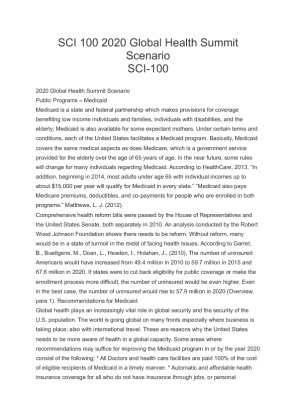 SCI 100 2020 Global Health Summit Scenario