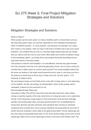 Sci 275 Week 9, Final Project Mitigation Strategies and Solutions