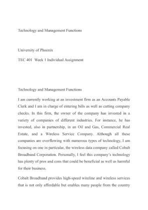 TEC 401  Week 1 Individual Assignment Technology and Management Functions