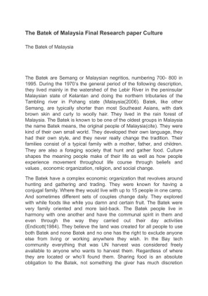The Batek of Malaysia Final Research paper Culture