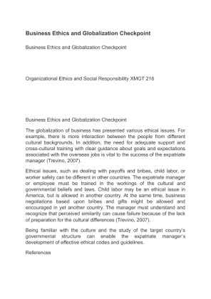 XMGT 216 Business Ethics and Globalization Checkpoint