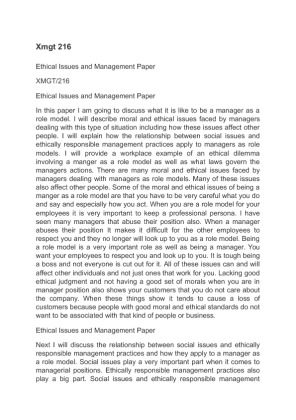 Xmgt 216 Ethical Issues and Management Paper
