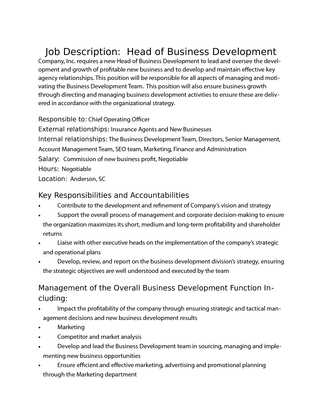 Head of Business Development Job Description