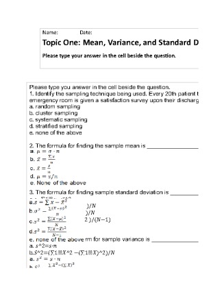 Topic One: Mean, Variance, and Standard Deviation 