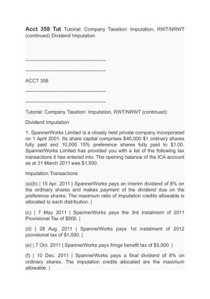 Acct 358 Tut Tutorial Company Taxation Imputation, RWT NRWT (continued)...
