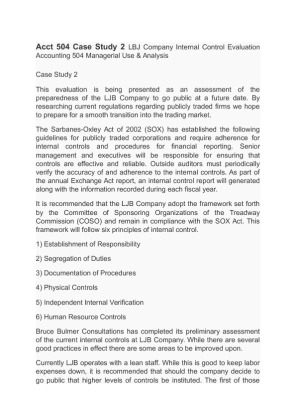 Acct 504 Case Study 2 LBJ Company Internal Control Evaluation...