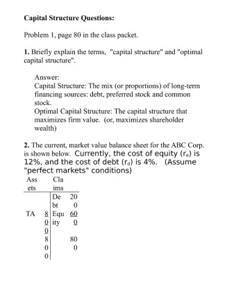 BA 340 Quiz 8 sample problems Capital Structure Questions and solutions