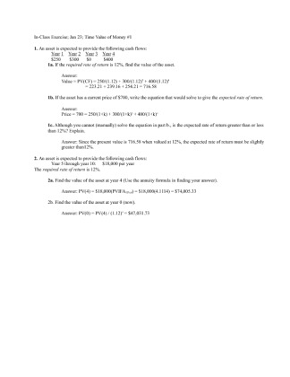 BA 340 Time Value of Money  In Class Exercise; Jan 23