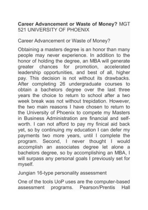 Career Advancement or Waste of Money  MGT 521 UNIVERSITY OF PHOENIX