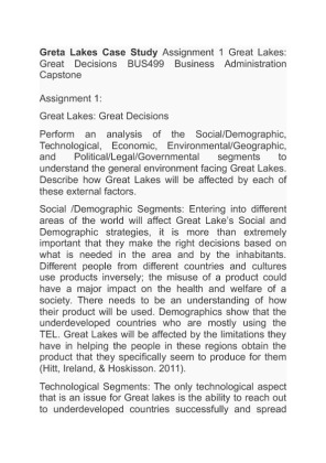 Greta Lakes Case Study Assignment 1 Great Lakes Great Decisions BUS499...