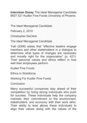 Interclean Essay The Ideal Managerial Candidate MGT 521 Kudler Fine...