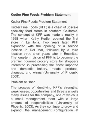 Kudler Fine Foods Problem Statement University of Phoenix MGT 521