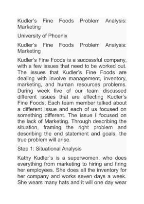 Kudlers Fine Foods Problem Analysis Marketing UNIVERSITY OF PHOENIX
