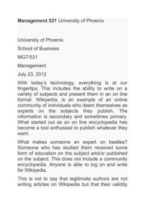 Management 521 University of Phoenix WIKI'S CREDIBILITY
