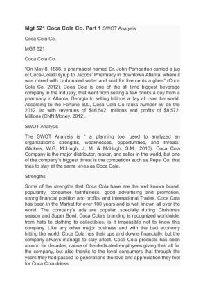 Mgt 521 Coca Cola Co. Part 1 SWOT Analysis