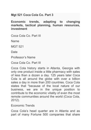 Mgt 521 Coca Cola Co part 3 Economic trends, adapting to changing...