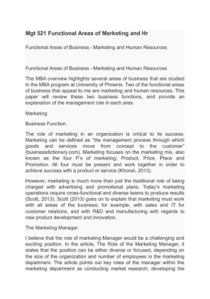 Mgt 521 Functional Areas of Marketing and Hr Functional Areas of...