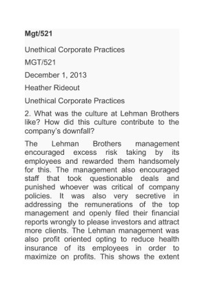 Mgt 521 unethical corporate practices lehmann brothers