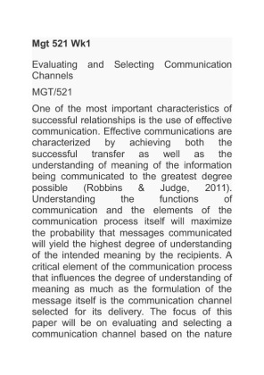Mgt 521 Week 1 Evaluating and Selecting Communication Channels