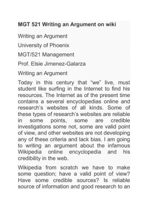 MGT 521 Writing an Argument on wiki University of Phoenix